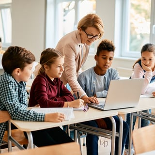 Kids and computers modern classroom 1x1 CROP